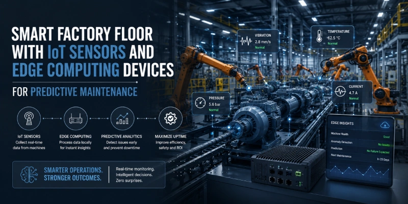 Smart factory floor with IoT sensors and edge computing devices for predictive maintenance