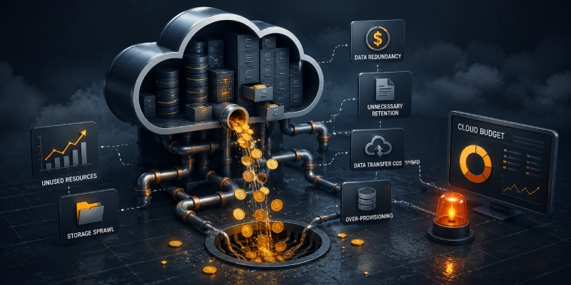 Cloud storage infrastructure with interconnected servers showing data flow and cost optimization pathways